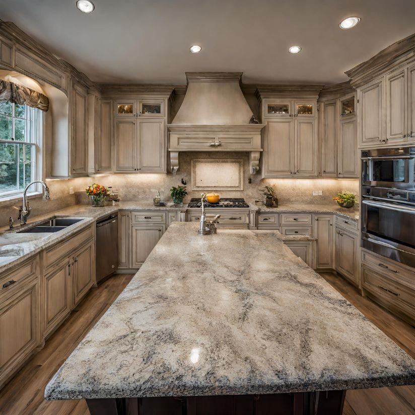 bluzonite granite with white cabinets